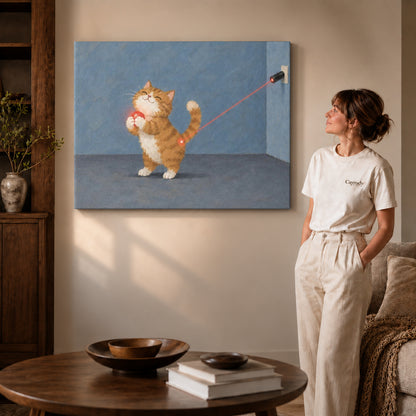 Ginger kitten canvas art on unframed wrapped canvas, showing natural edge depth against the living room wall.