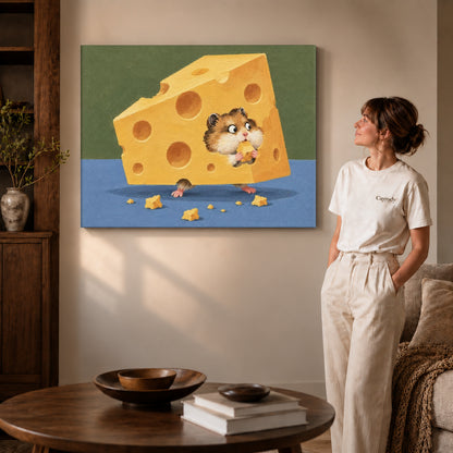 Cheese hamster canvas art on gallery wrapped canvas with a visible shaded side edge beside a woman.