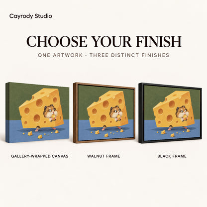 Cheese hamster canvas art comparing gallery wrapped canvas, walnut frame, and black frame finishes side by side.