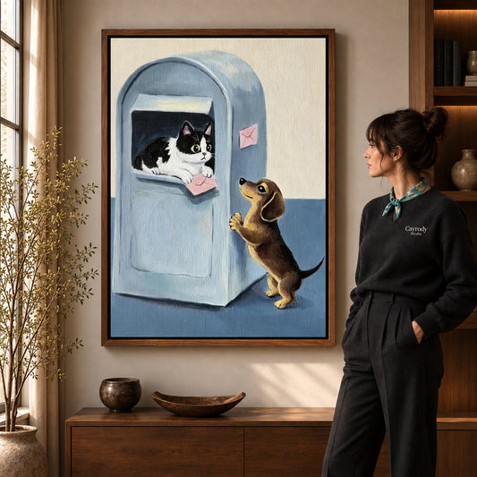 Mailbox companions canvas art in a walnut frame beside a woman in a warmly lit living room.