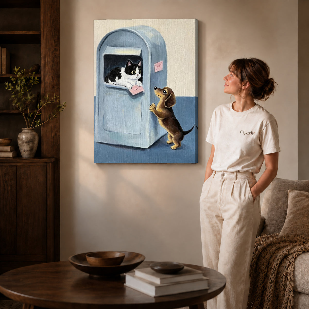 Mailbox companions canvas art on gallery wrapped canvas with a visible shaded side edge beside a woman.