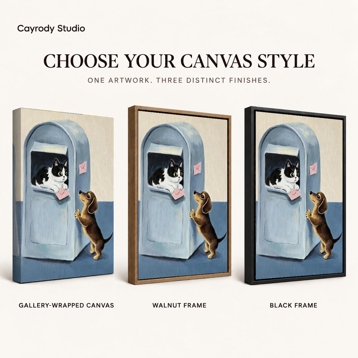 Mailbox companions canvas art comparing gallery wrapped canvas, walnut frame, and black frame finishes side by side.