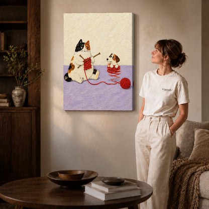 Knitting Cat canvas art displayed as gallery wrapped canvas beside a woman in natural light.