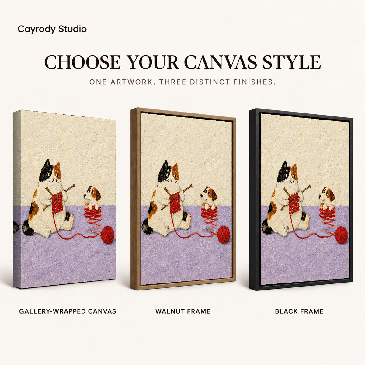 Knitting Cat canvas art comparing gallery wrapped canvas, walnut frame, and black frame finishes.