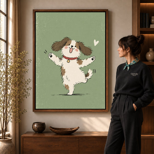 Dancing puppy canvas art in a walnut frame beside a woman in a warmly lit living room.