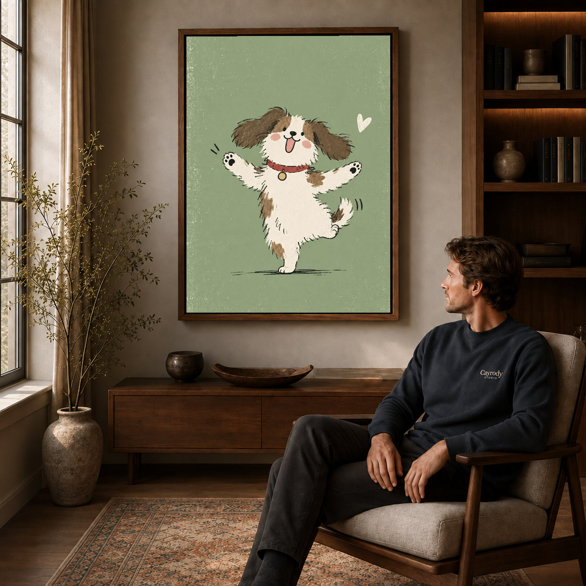 Dancing puppy canvas art above a wooden console near a seated man and leafy branches.