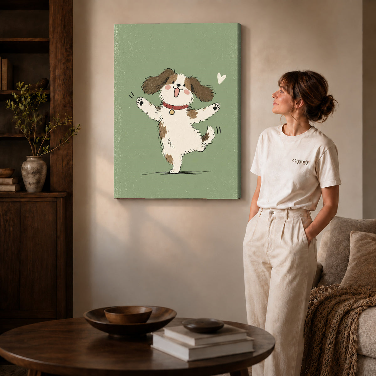 Dancing puppy canvas art on gallery wrapped canvas with a visible shaded side edge beside a woman.