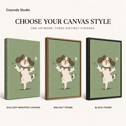 Dancing puppy canvas art comparing gallery wrapped canvas, walnut frame, and black frame finishes side by side.