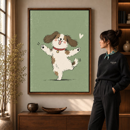 Dancing puppy canvas art displayed in a walnut frame against a warm wall near a wooden console.