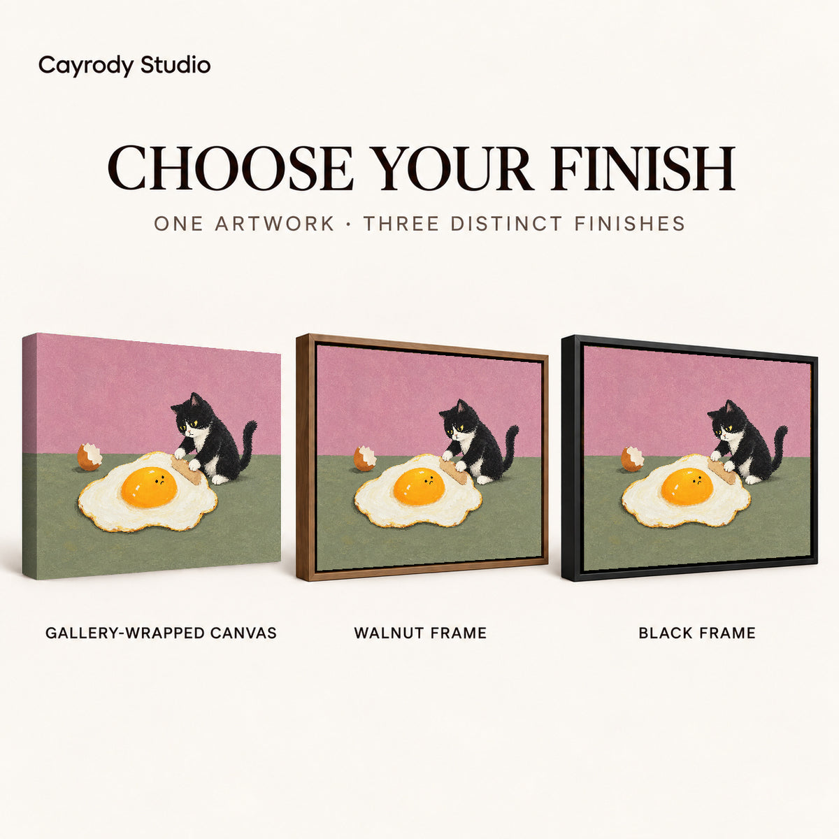 playful egg rolling cat canvas art compared across gallery-wrapped canvas, walnut frame, and black frame finishes.