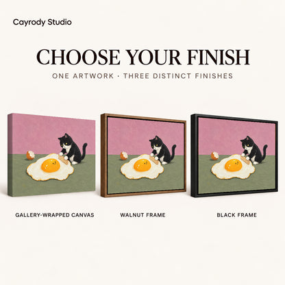playful egg rolling cat canvas art compared across gallery-wrapped canvas, walnut frame, and black frame finishes.
