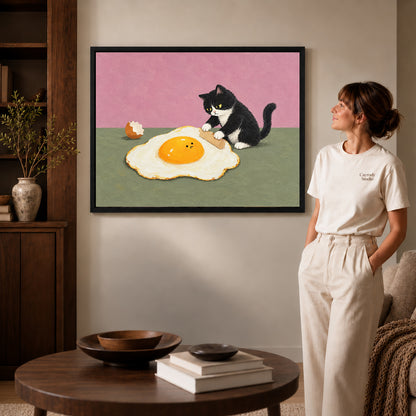 playful egg rolling cat canvas art shown in the black frame option against a softly lit wall.