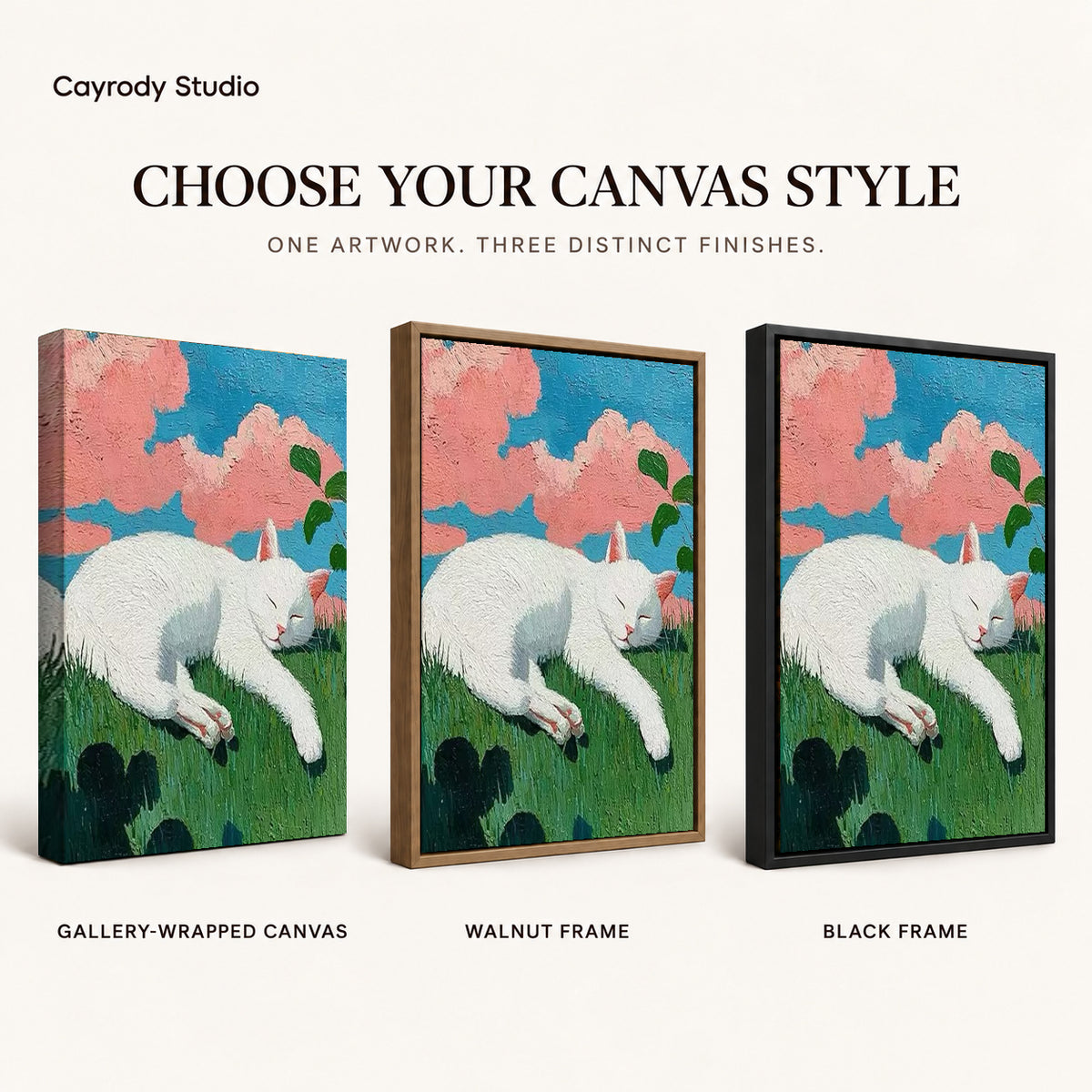 Sleeping cat canvas art comparing gallery wrapped canvas, walnut frame, and black frame finishes side by side.