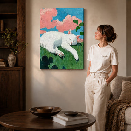 Sleeping cat canvas art on unframed wrapped canvas, showing natural edge depth against the living room wall.