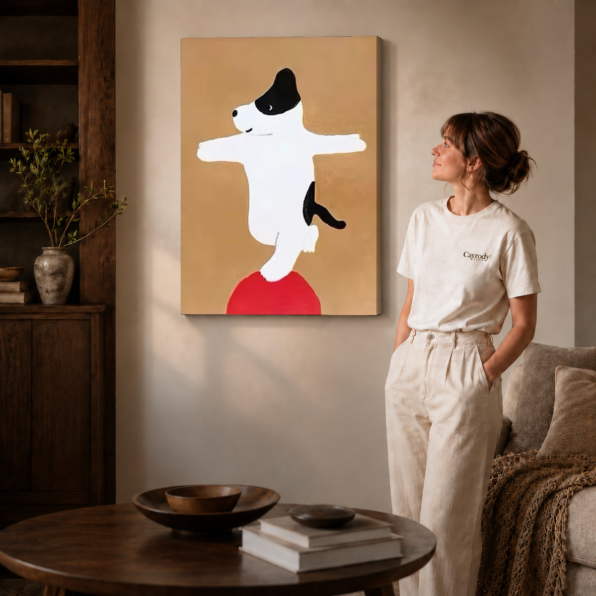 Balancing dog canvas art on unframed wrapped canvas, showing natural edge depth against the living room wall.