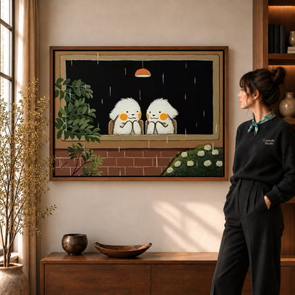 Rainy window birds canvas art in a walnut frame beside a woman in a warmly lit living room.