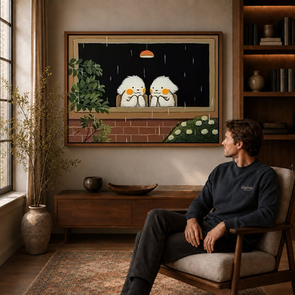 Rainy window birds canvas art above a wooden console near a seated man and leafy branches.
