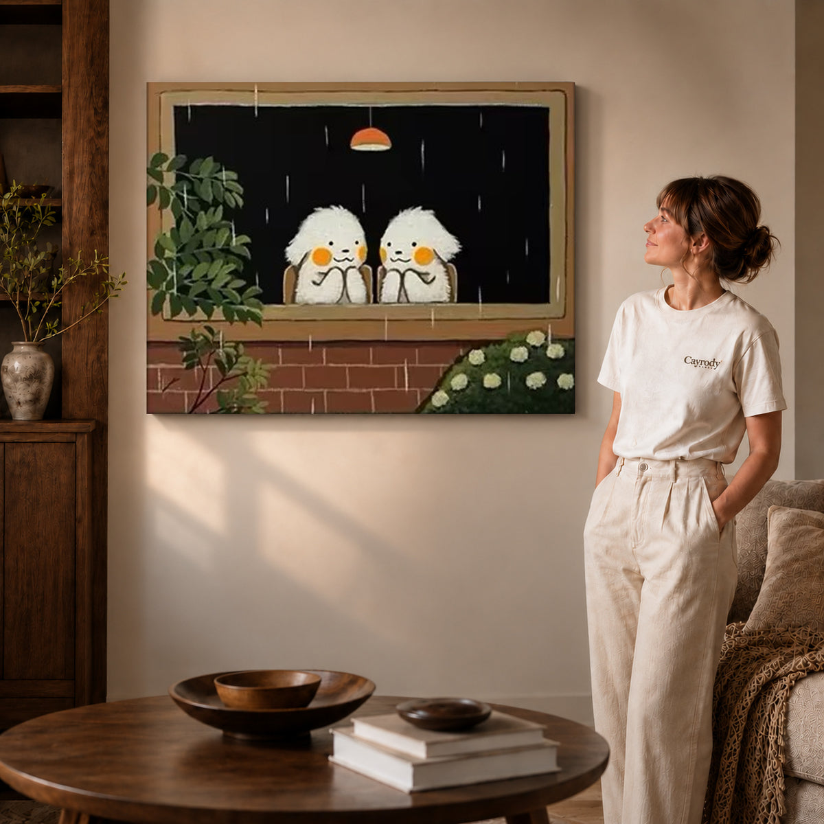 Rainy window birds canvas art on gallery wrapped canvas with a visible shaded side edge beside a woman.