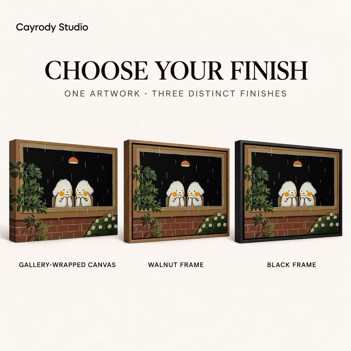Rainy window birds canvas art comparing gallery wrapped canvas, walnut frame, and black frame finishes side by side.