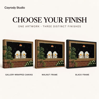 Rainy window birds canvas art comparing gallery wrapped canvas, walnut frame, and black frame finishes side by side.