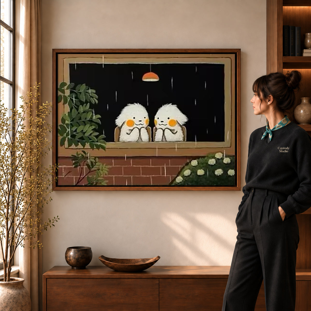 Rainy window birds canvas art displayed in a walnut frame against a warm wall near a wooden console.