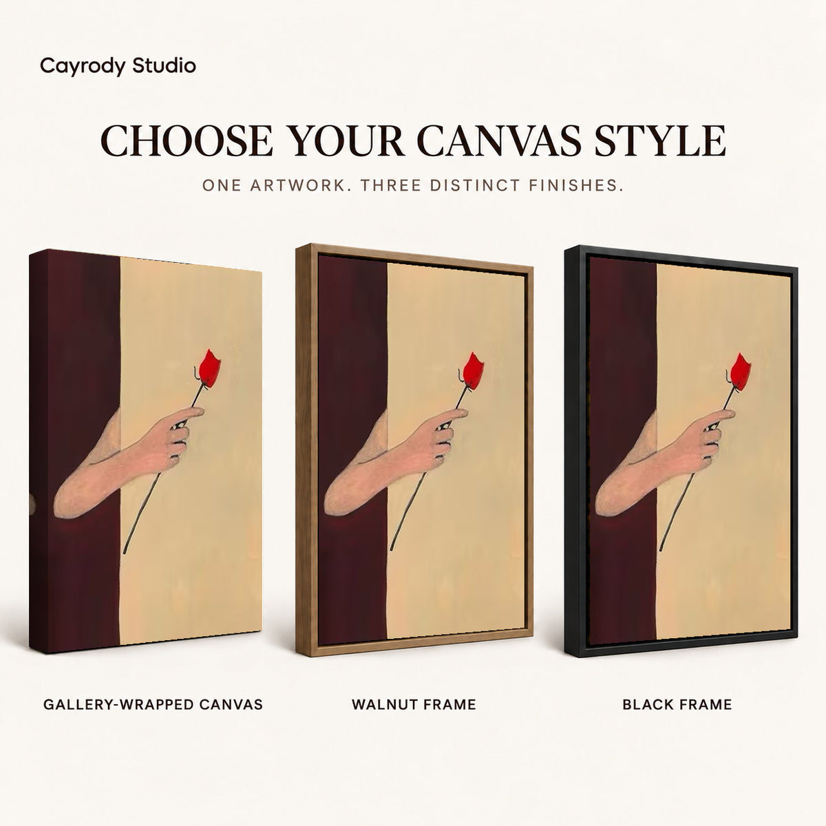Red rose canvas art comparing gallery wrapped canvas, walnut frame, and black frame finishes side by side.