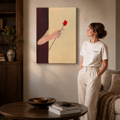 Red rose canvas art on unframed wrapped canvas, showing natural edge depth against the living room wall.