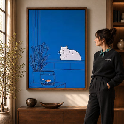 Blue cat canvas art in a walnut frame beside a woman in a warmly lit living room.