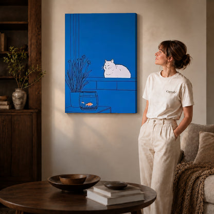 Blue cat canvas art on gallery wrapped canvas with a visible shaded side edge beside a woman.