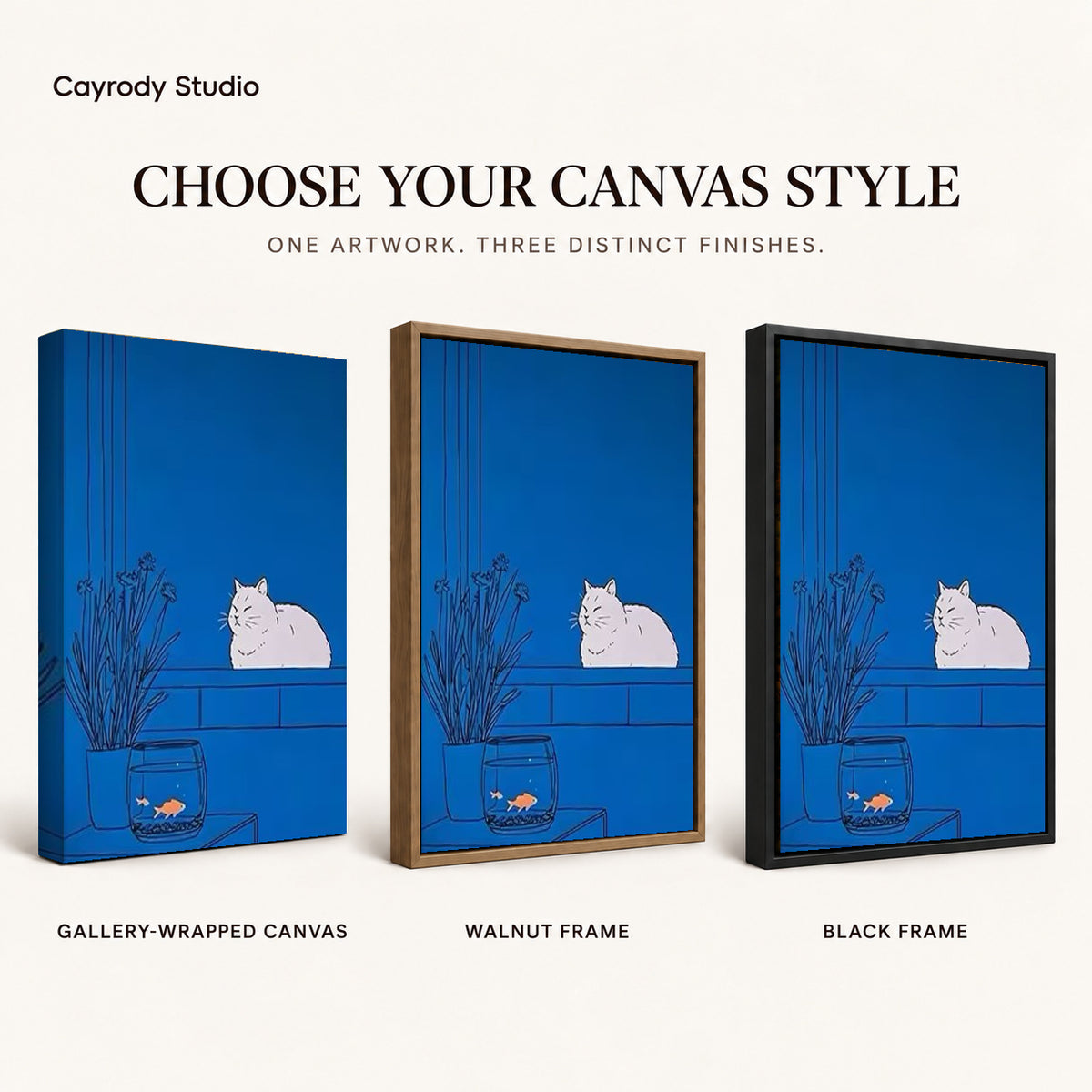 Blue cat canvas art comparing gallery wrapped canvas, walnut frame, and black frame finishes side by side.