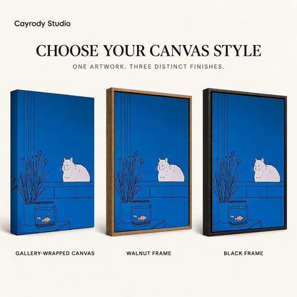 Blue cat canvas art comparing gallery wrapped canvas, walnut frame, and black frame finishes side by side.