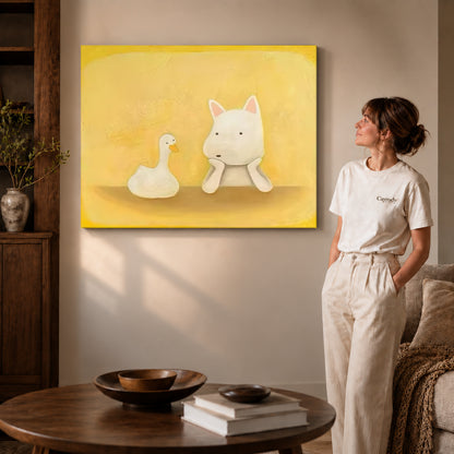 Dog and duck canvas art on gallery wrapped canvas with a visible shaded side edge beside a woman.
