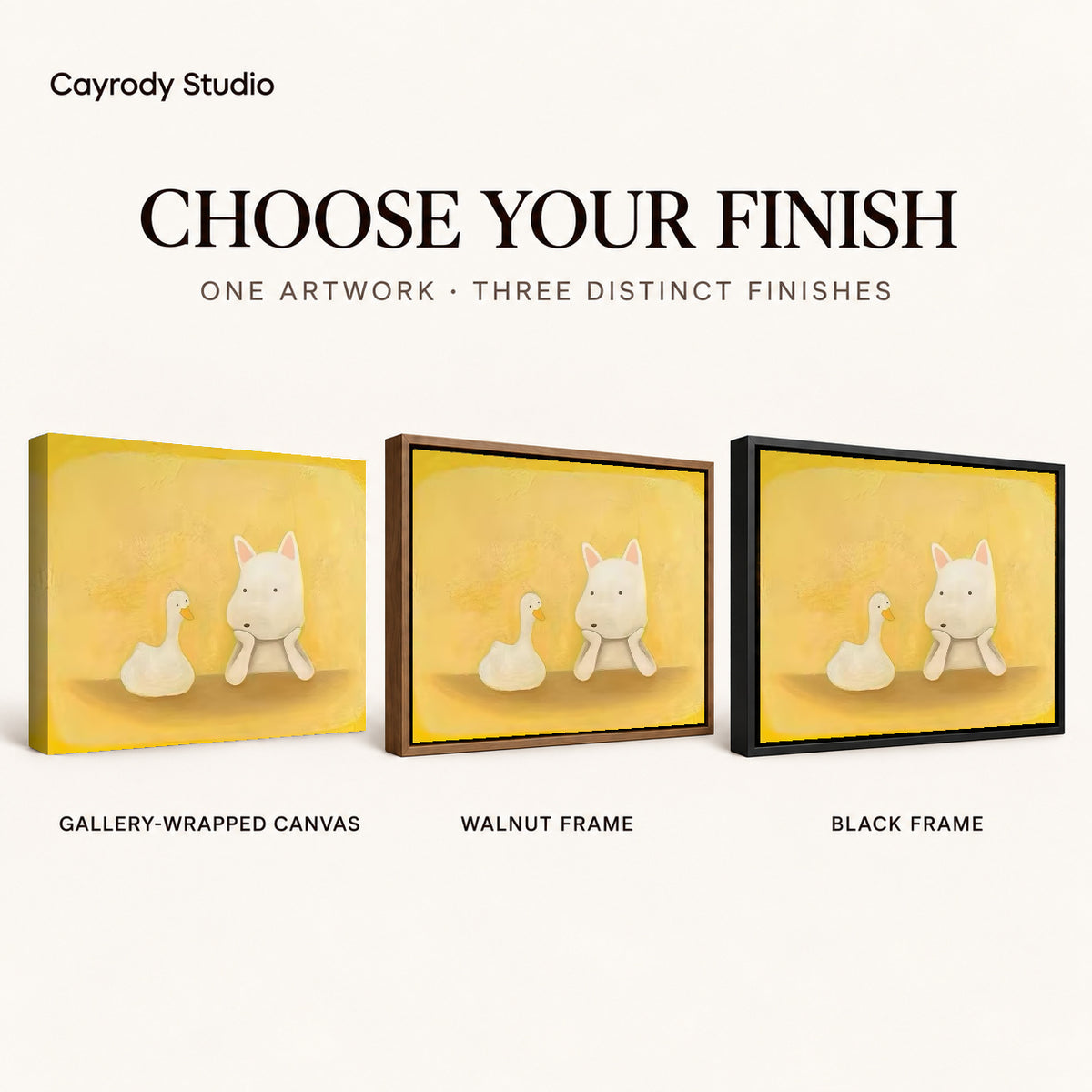 Dog and duck canvas art comparing gallery wrapped canvas, walnut frame, and black frame finishes side by side.