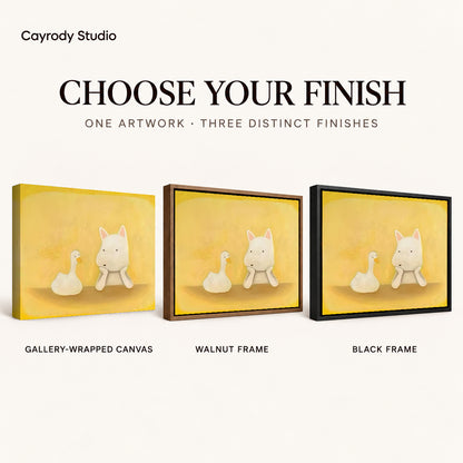 Dog and duck canvas art comparing gallery wrapped canvas, walnut frame, and black frame finishes side by side.
