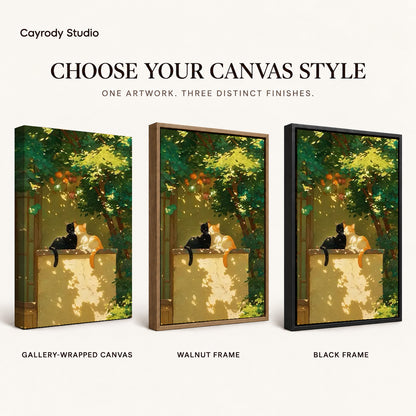 Garden cats canvas art comparing gallery wrapped canvas, walnut frame, and black frame finishes side by side.