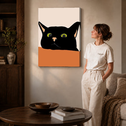 Black cat canvas art on gallery wrapped canvas with a visible shaded side edge beside a woman.