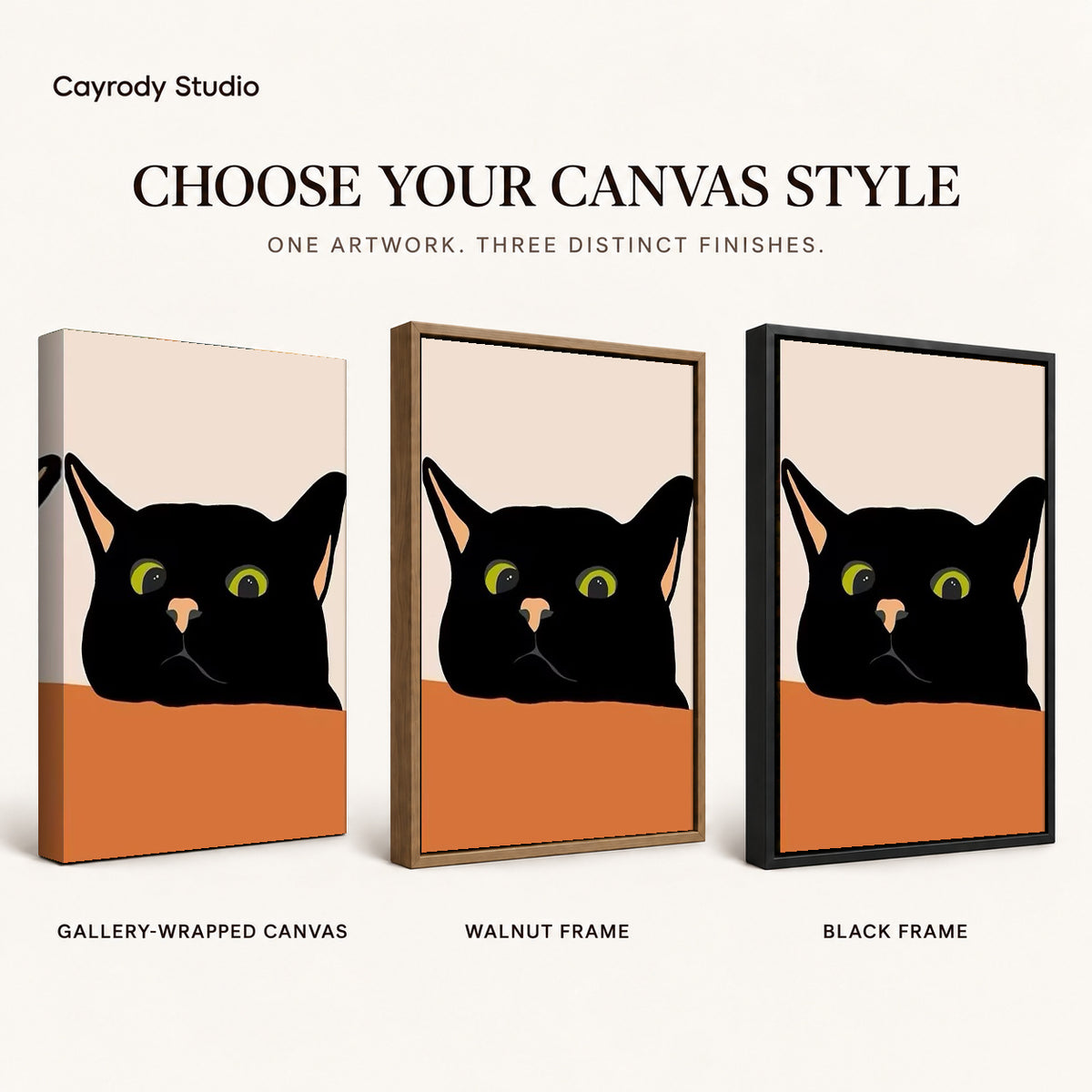 Black cat canvas art comparing gallery wrapped canvas, walnut frame, and black frame finishes side by side.