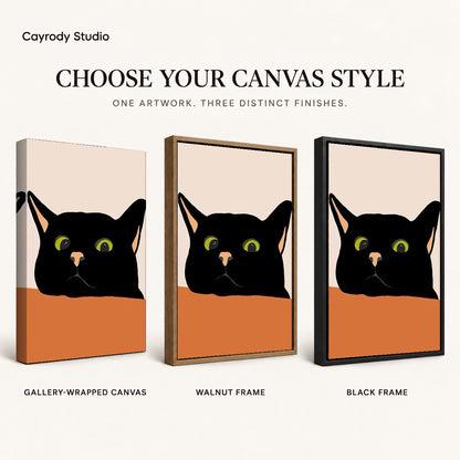Black cat canvas art comparing gallery wrapped canvas, walnut frame, and black frame finishes side by side.