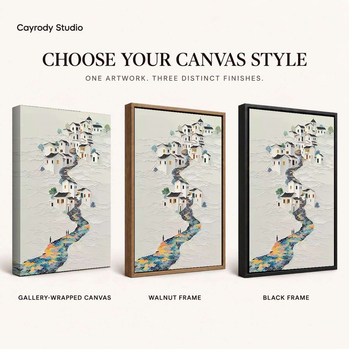 Hillside village canvas art comparing gallery wrapped canvas, walnut frame, and black frame finishes side by side.