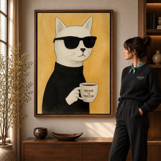 Coffee cat canvas art in a walnut frame beside a woman in a warmly lit living room.