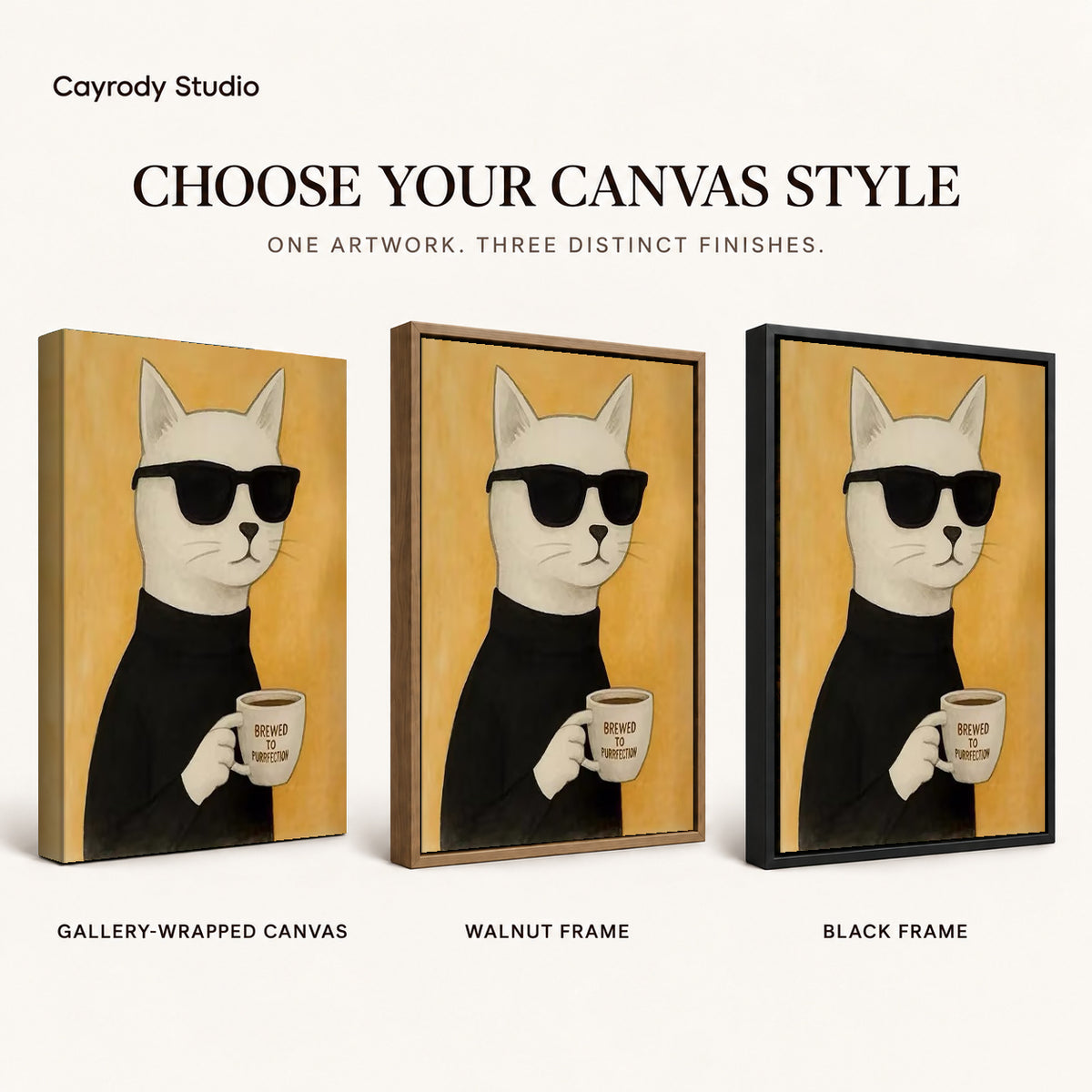 Coffee cat canvas art comparing gallery wrapped canvas, walnut frame, and black frame finishes side by side.