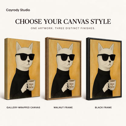 Coffee cat canvas art comparing gallery wrapped canvas, walnut frame, and black frame finishes side by side.
