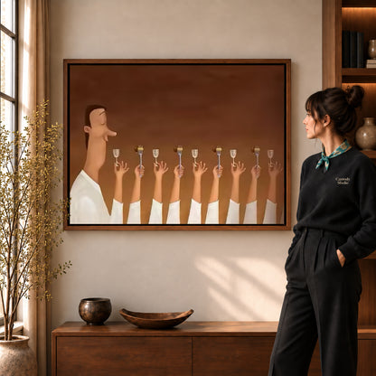 Dinner guest canvas art in a walnut frame beside a woman in a warmly lit living room.