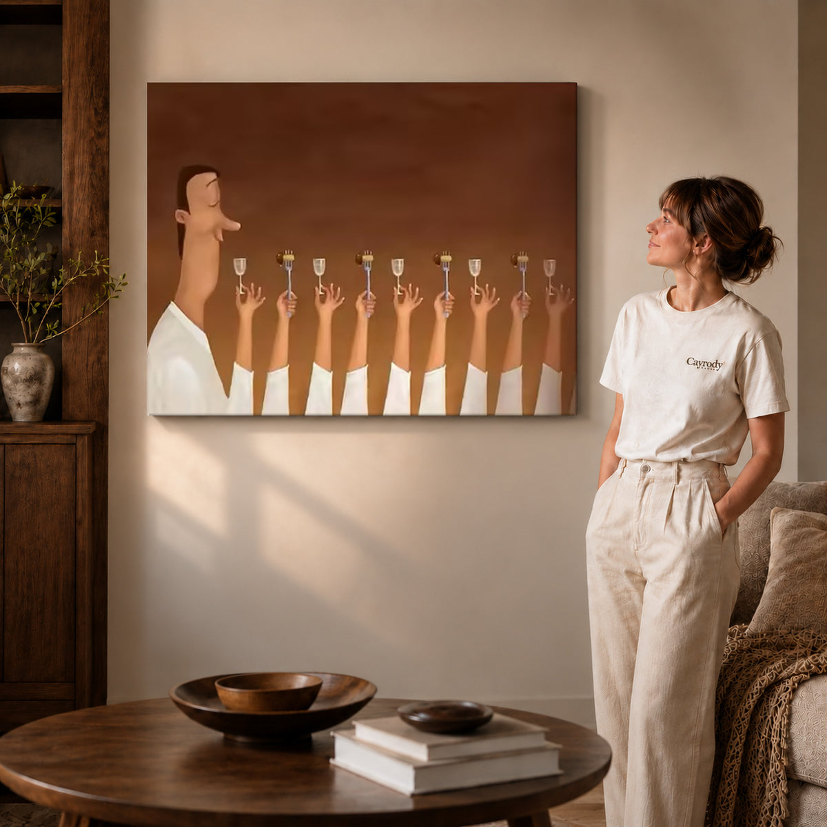 Dinner guest canvas art on gallery wrapped canvas with a visible shaded side edge beside a woman.