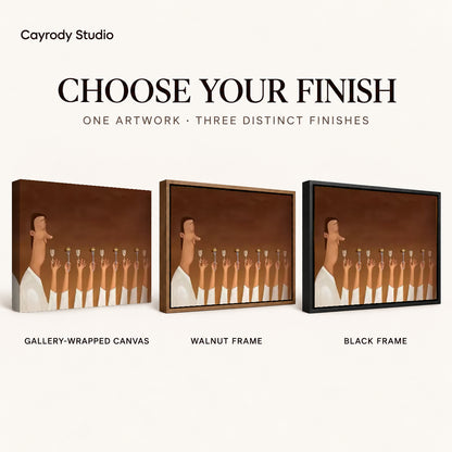 Dinner guest canvas art comparing gallery wrapped canvas, walnut frame, and black frame finishes side by side.