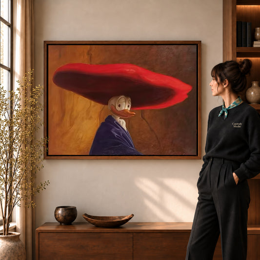 Red hat duck canvas art in a walnut frame beside a woman in a warmly lit living room.