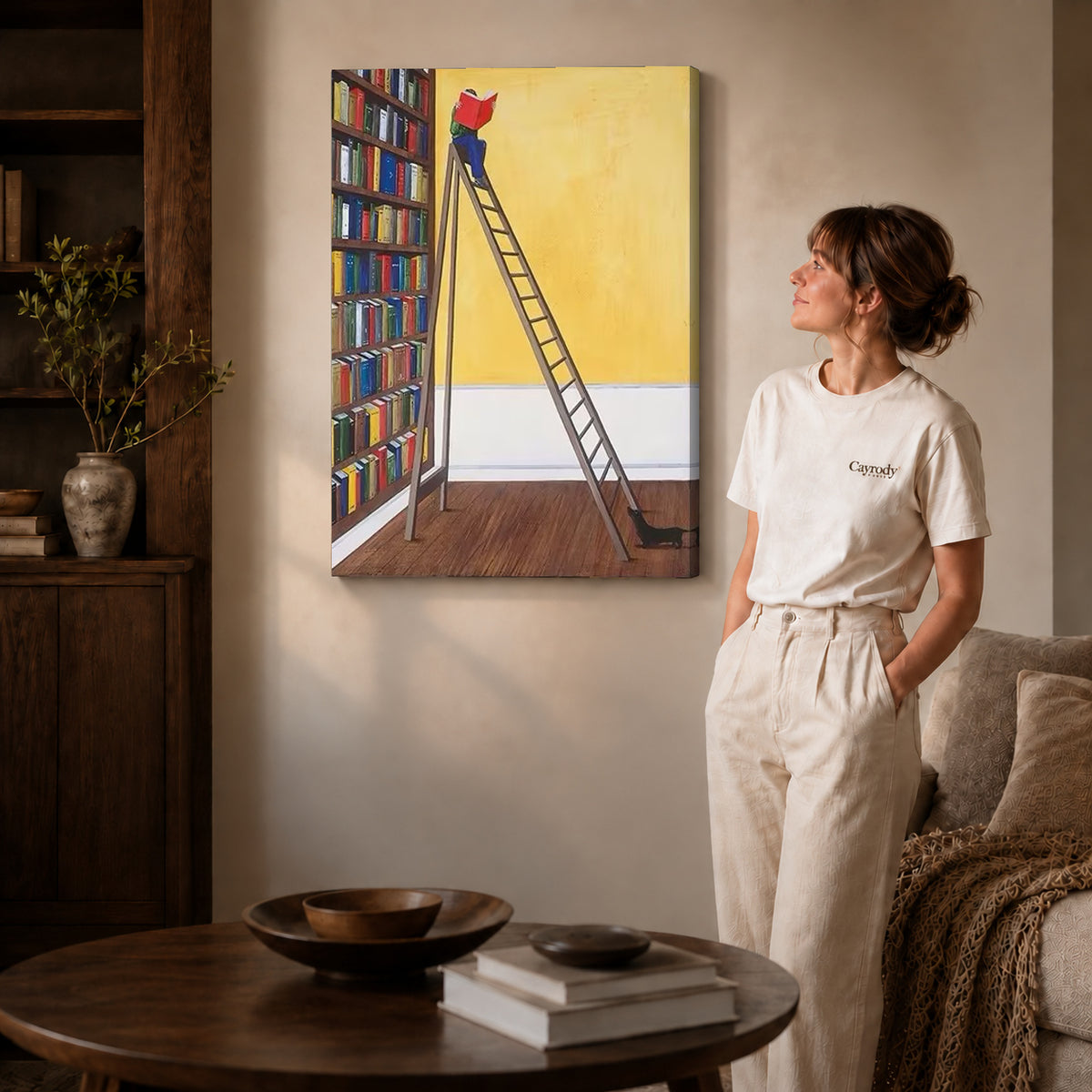 Library reader canvas art on gallery wrapped canvas with a visible shaded side edge beside a woman.
