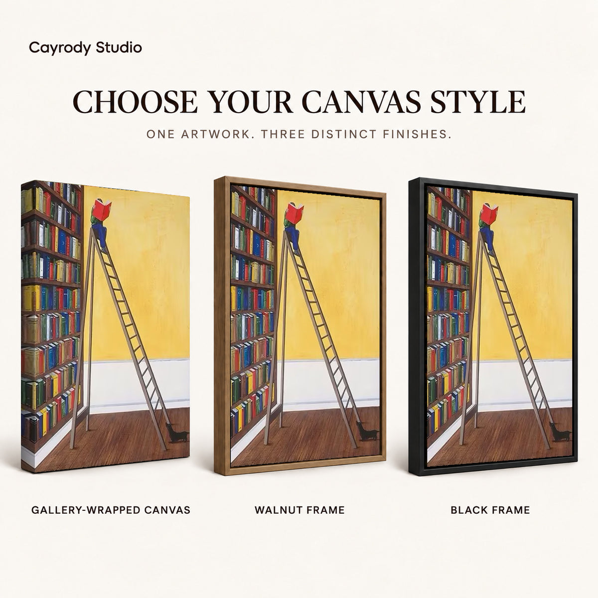 Library reader canvas art comparing gallery wrapped canvas, walnut frame, and black frame finishes side by side.