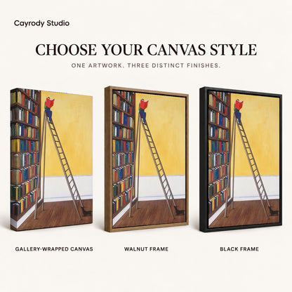 Library reader canvas art comparing gallery wrapped canvas, walnut frame, and black frame finishes side by side.