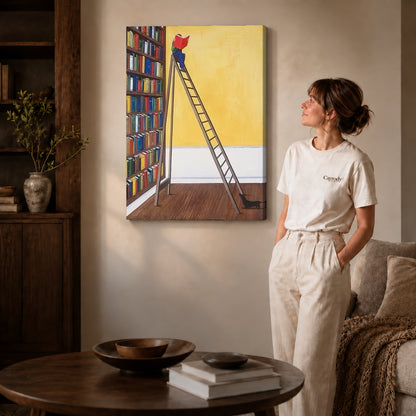 Library reader canvas art on unframed wrapped canvas, showing natural edge depth against the living room wall.